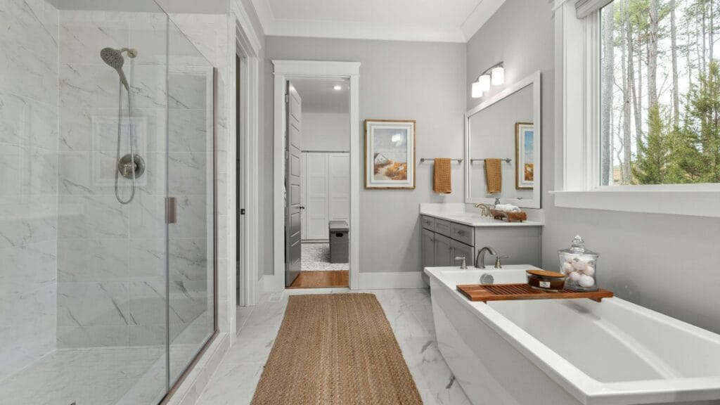 Raleigh Bathroom remodel with walking shower and free standing tub