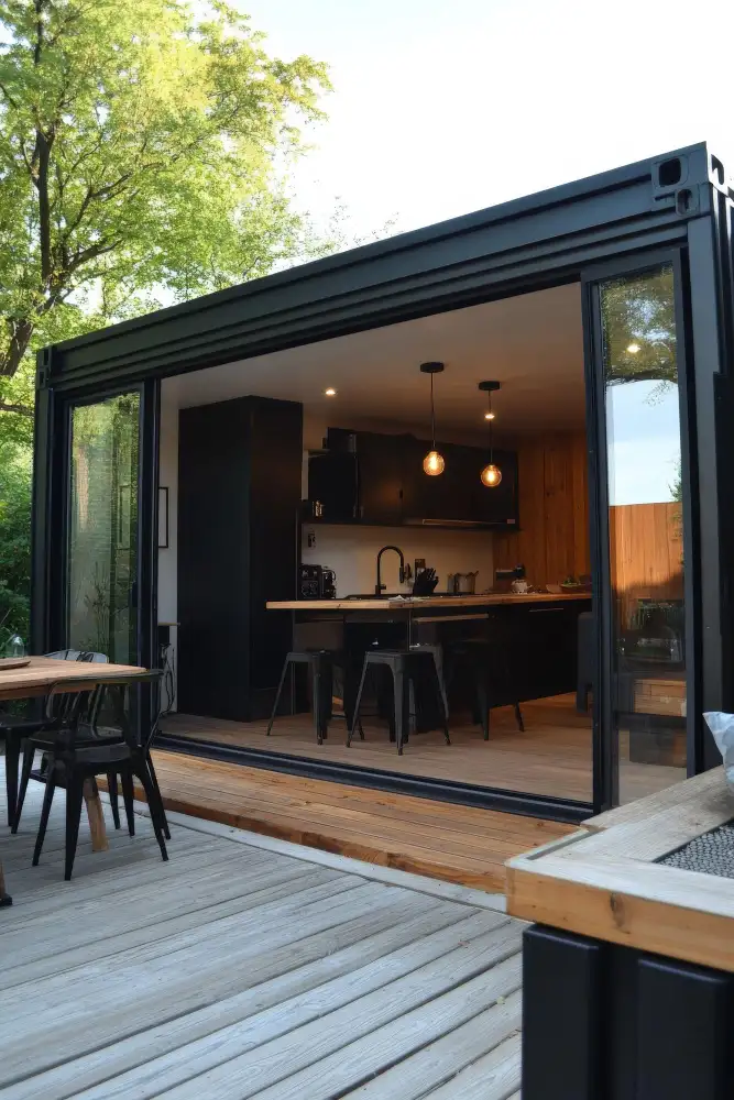 Modern black shipping container ADU featuring an open-concept kitchen with dark cabinetry, pendant lighting, and wood accent walls, opening onto a spacious wood deck with outdoor dining area.